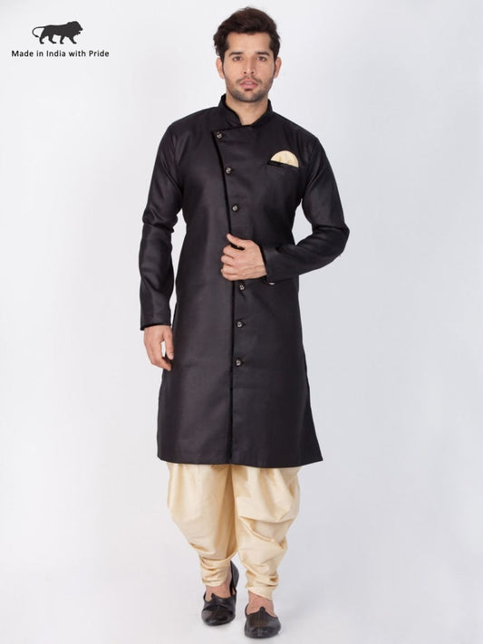 Vastramay Vastramay Men's Black And Gold Cotton Blend Sherwani Set