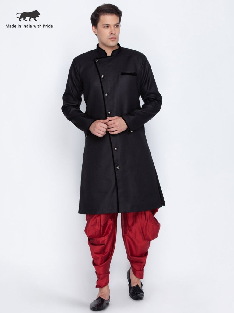 Vastramay Vastramay Men's Black Cotton Blend Sherwani Set