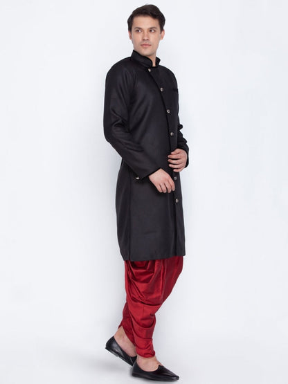 Vastramay Men's Black Cotton Blend Sherwani Set