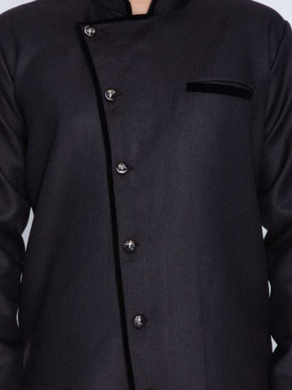 Vastramay Men's Black Cotton Blend Sherwani Set