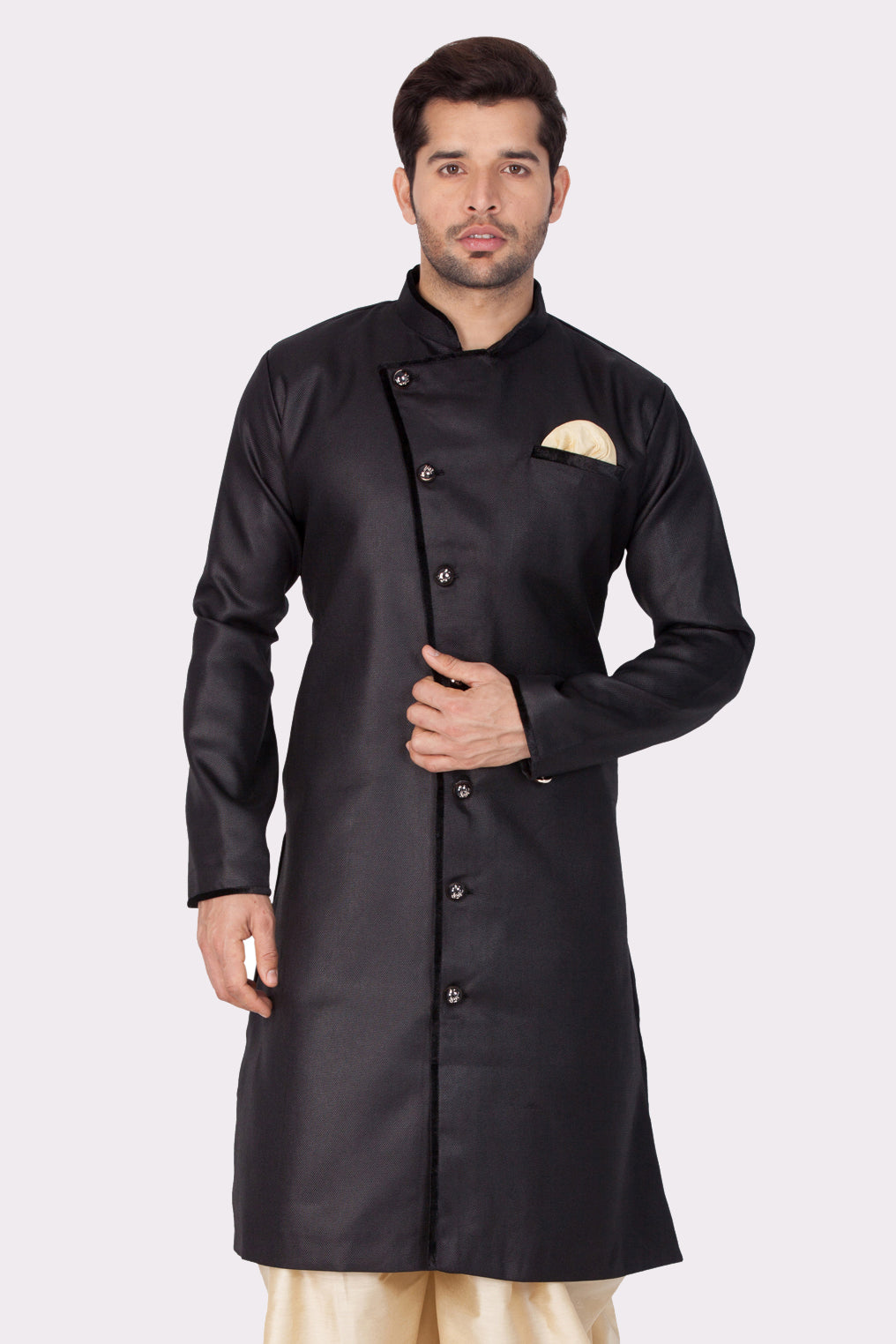 Vastramay  Men's Black Cotton Blend Sherwani Only Top