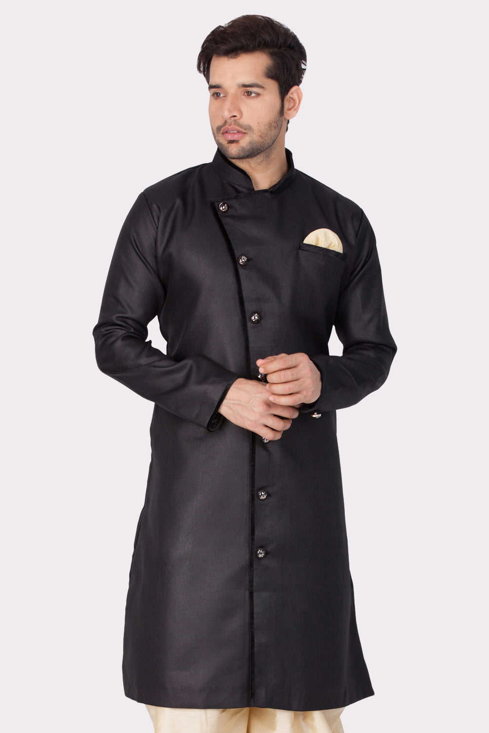 Vastramay  Men's Black Cotton Blend Sherwani Only Top