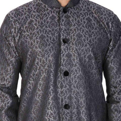 Vastramay Men's Grey And Black Silk Blend Sherwani Set