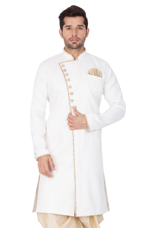 Vastramay Vastramay Men's White Cotton Blend Sherwani Only Top