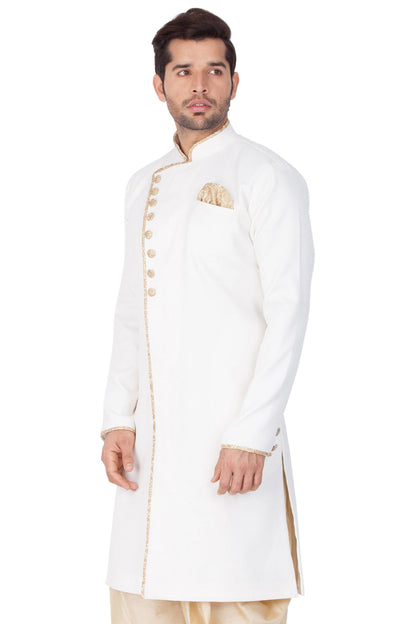 Vastramay Men's White Cotton Blend Sherwani Only Top