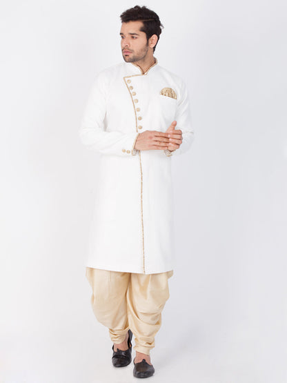 Vastramay Vastramay Men's White And Gold Cotton Blend Sherwani Set