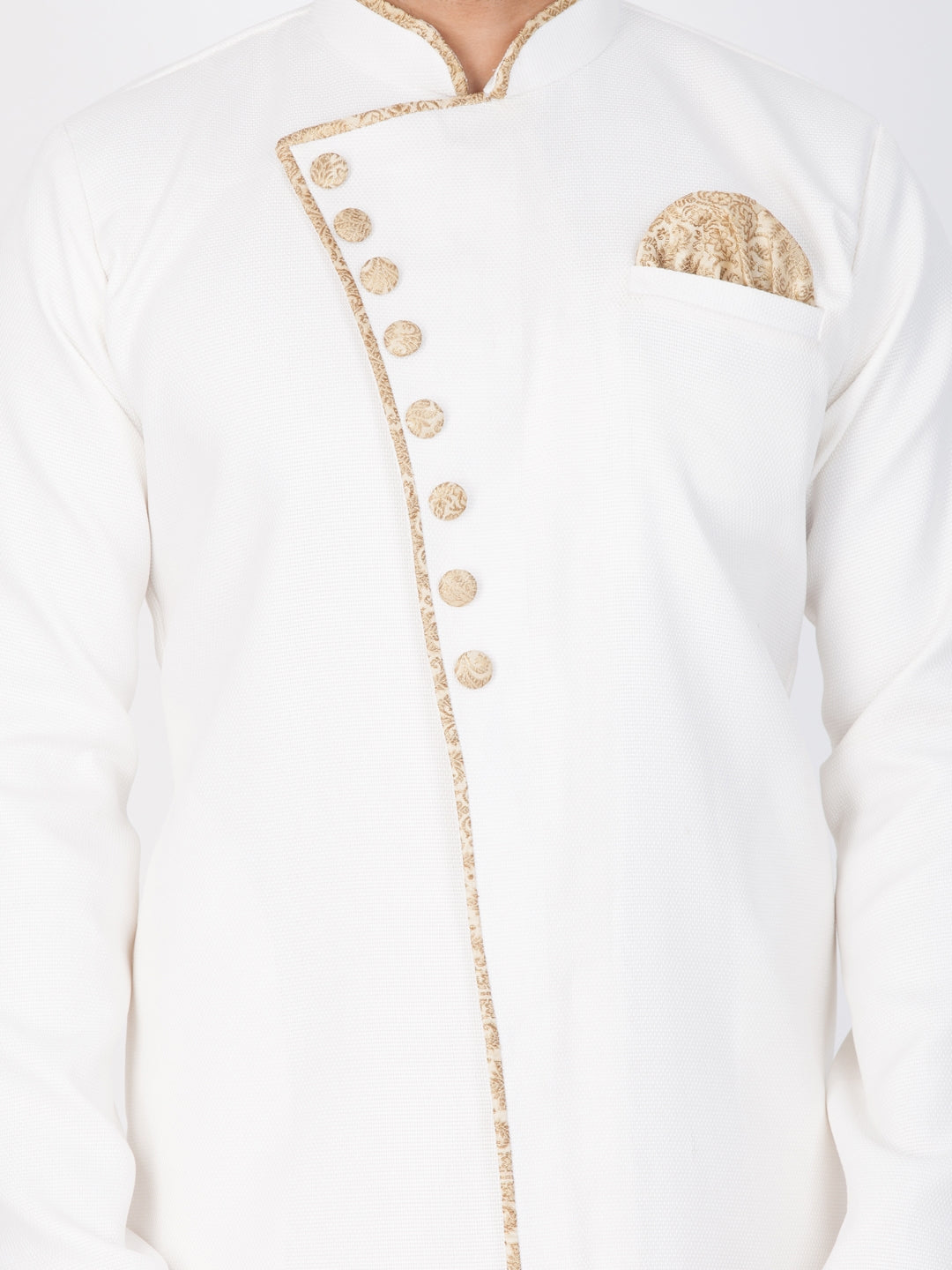 Vastramay Men's White And Gold Cotton Blend Sherwani Set