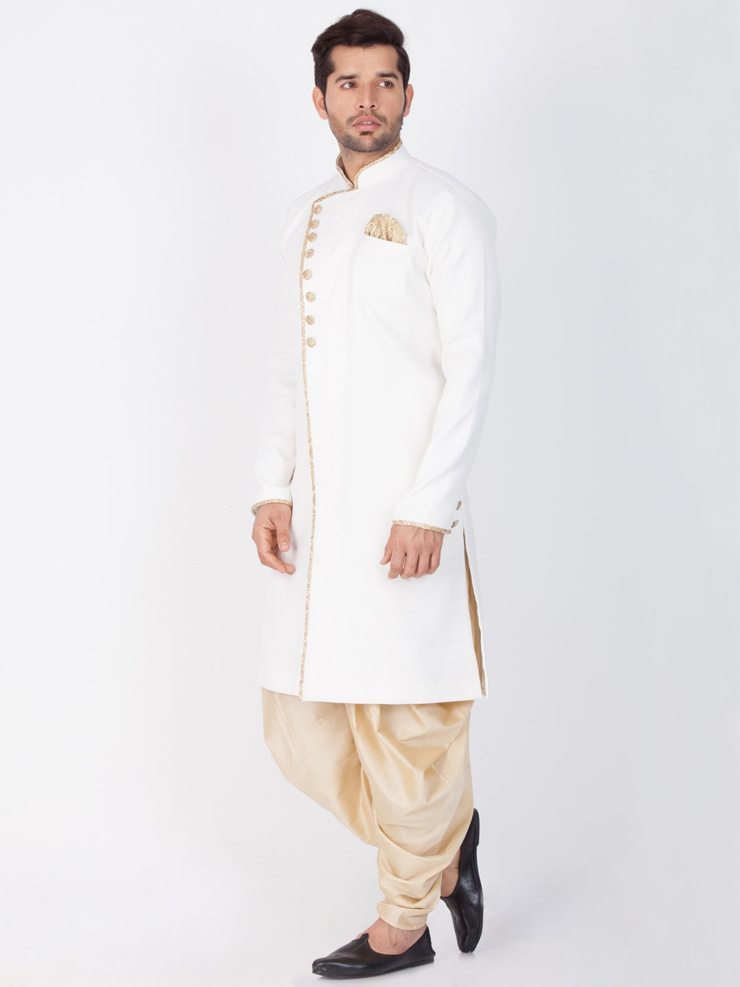 Vastramay Men's White And Gold Cotton Blend Sherwani Set