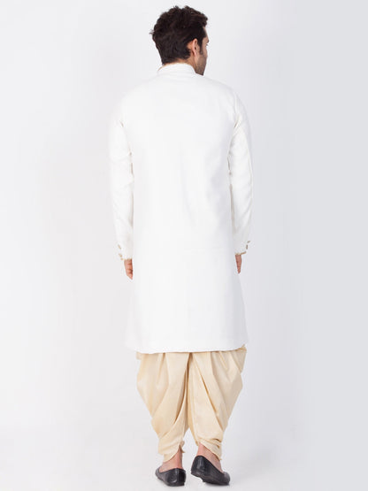 Vastramay Men's White And Gold Cotton Blend Sherwani Set