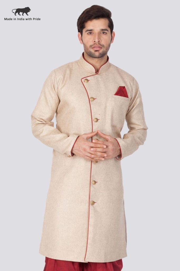 Vastramay  Men's Beige Cotton Blend Sherwani Only Top