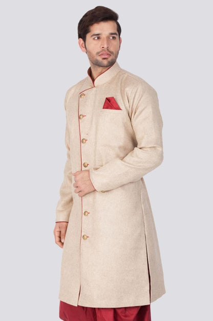 Vastramay  Men's Beige Cotton Blend Sherwani Only Top