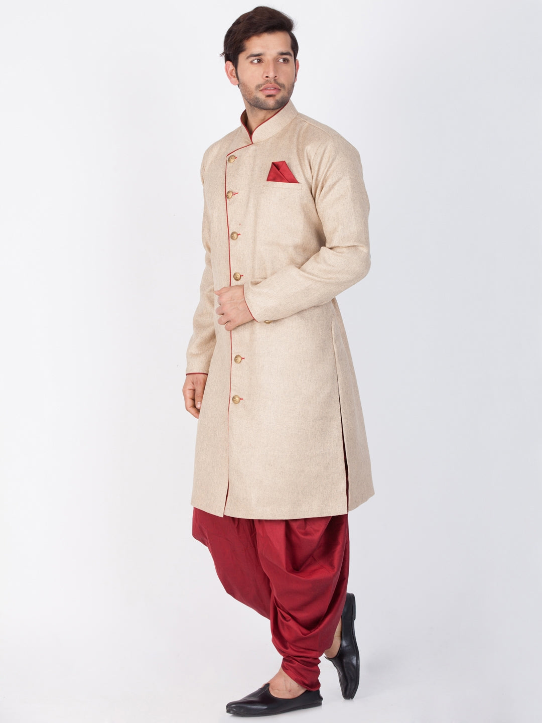 Vastramay Men's Brown Cotton Blend Sherwani Set