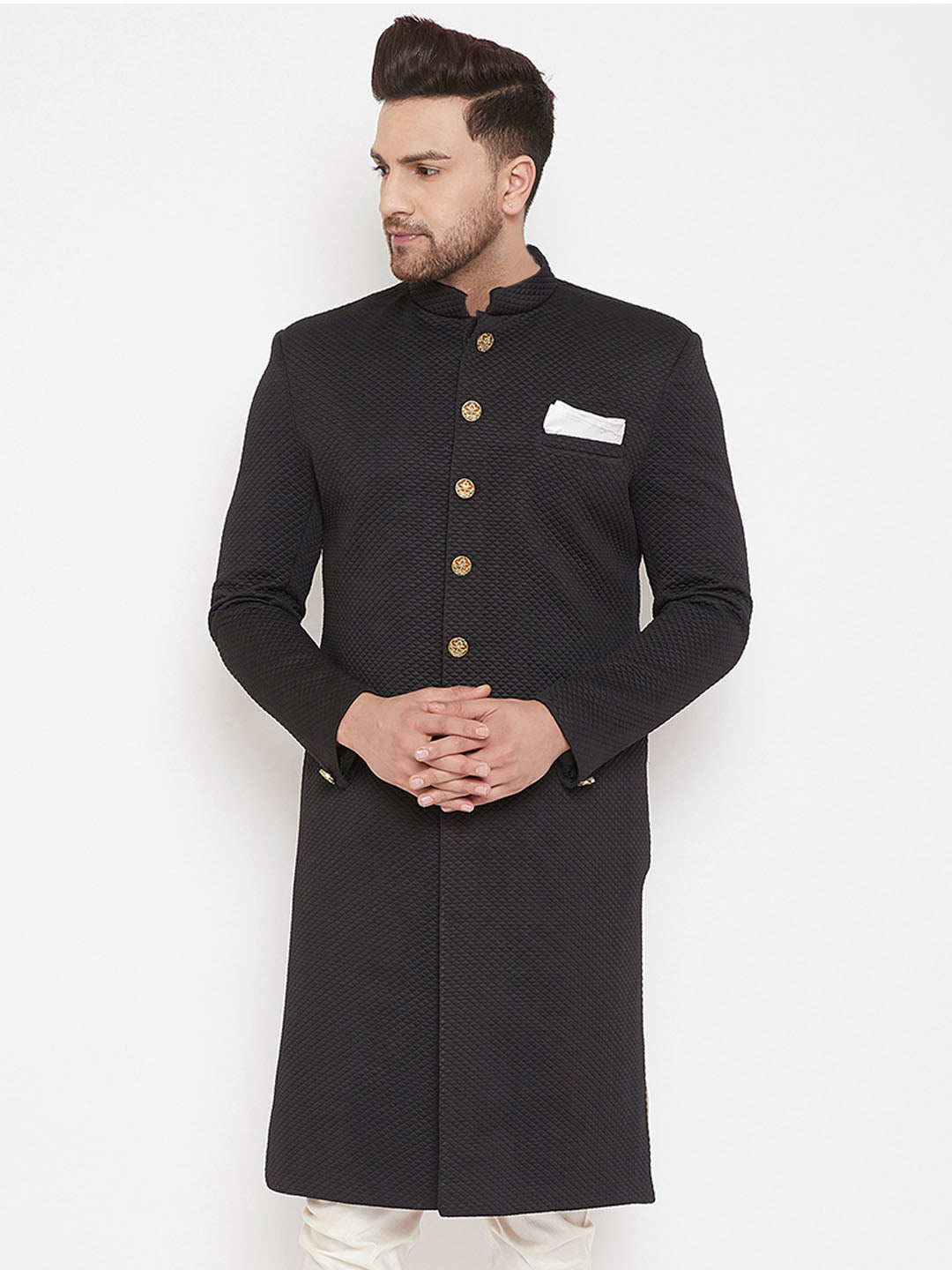 Vastramay Men's Black Silk Blend Sherwani Top