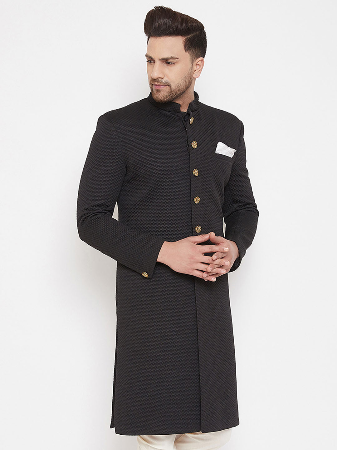 Vastramay Men's Black Silk Blend Sherwani Top