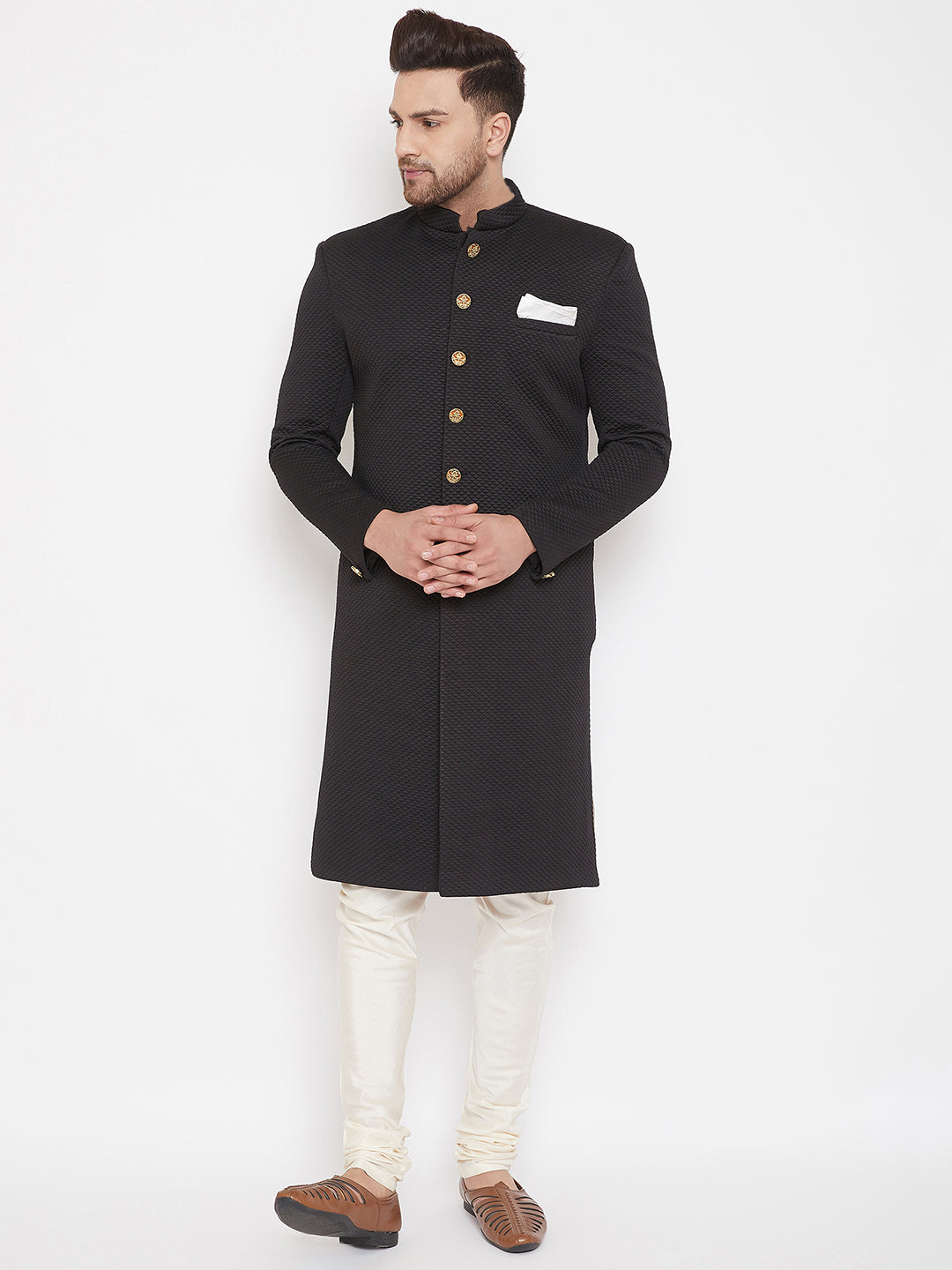 Vastramay Black And Cream Baap Beta Sherwani Set