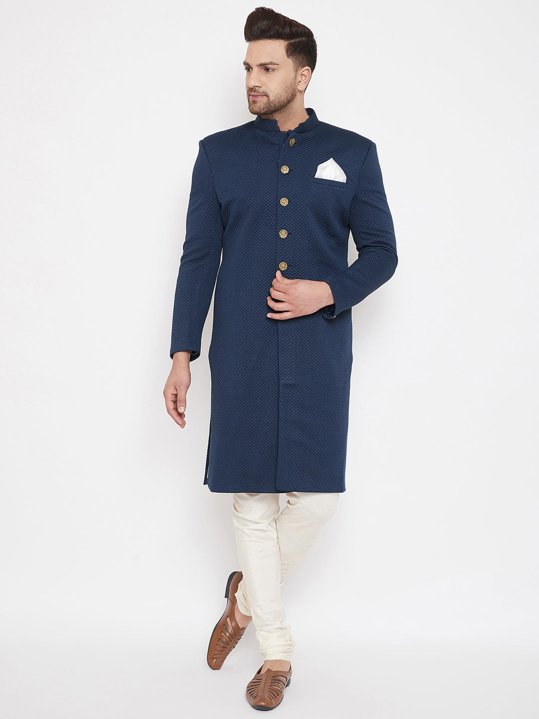 Vastramay Navy Blue And Cream Baap Beta Sherwani Set