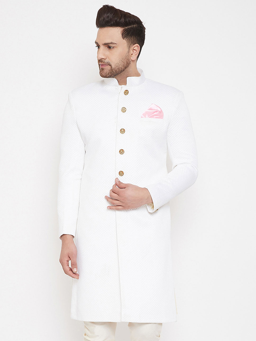 Vastramay Men's White Silk Blend Sherwani Top