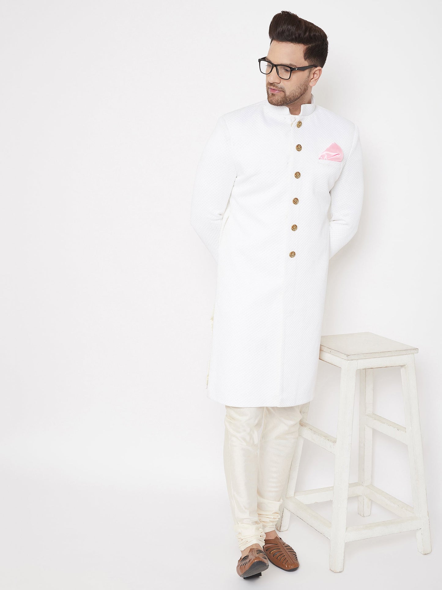 Vastramay Men's White Silk Blend Sherwani Top