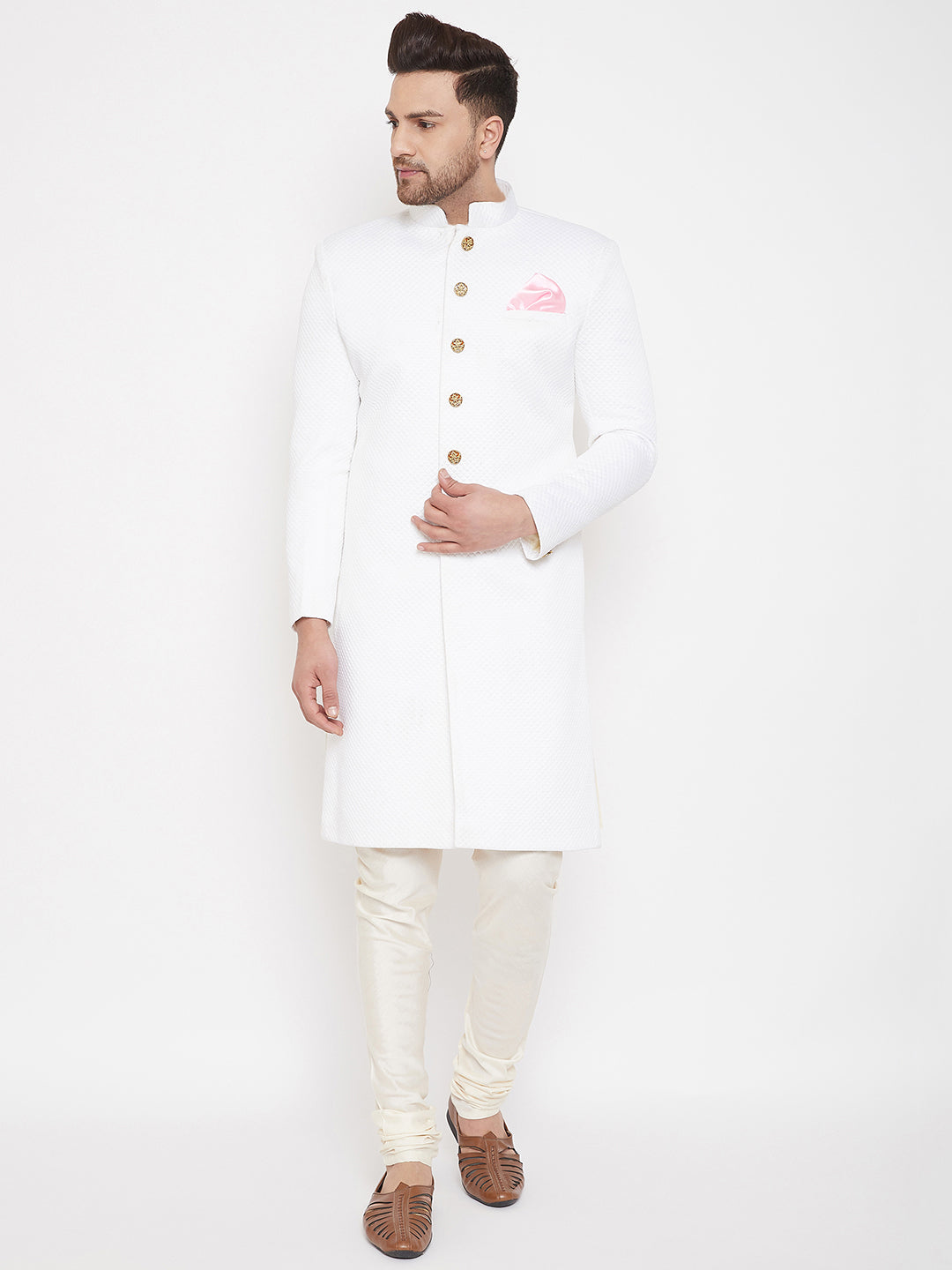 Vastramay White And Cream Baap Beta Sherwani Set