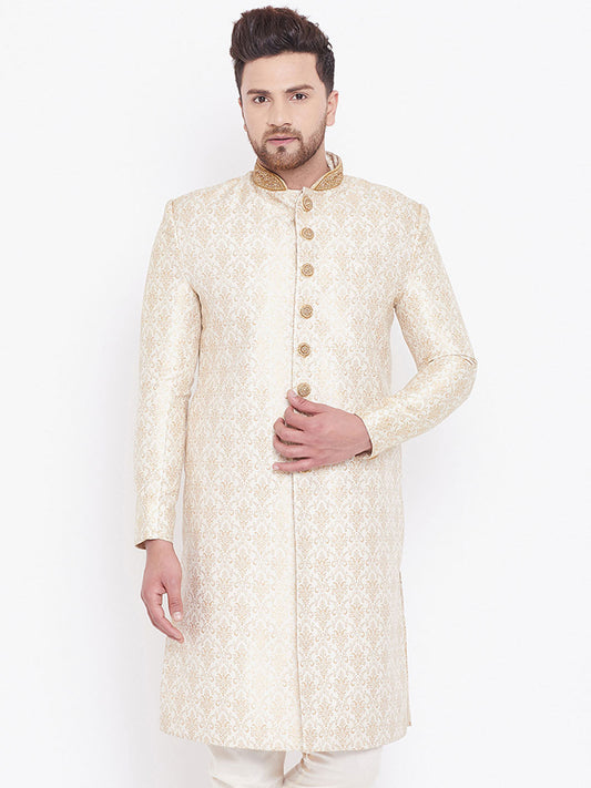 Vastramay Men's Beige And Gold Embroidered Brocade Sherwani Top