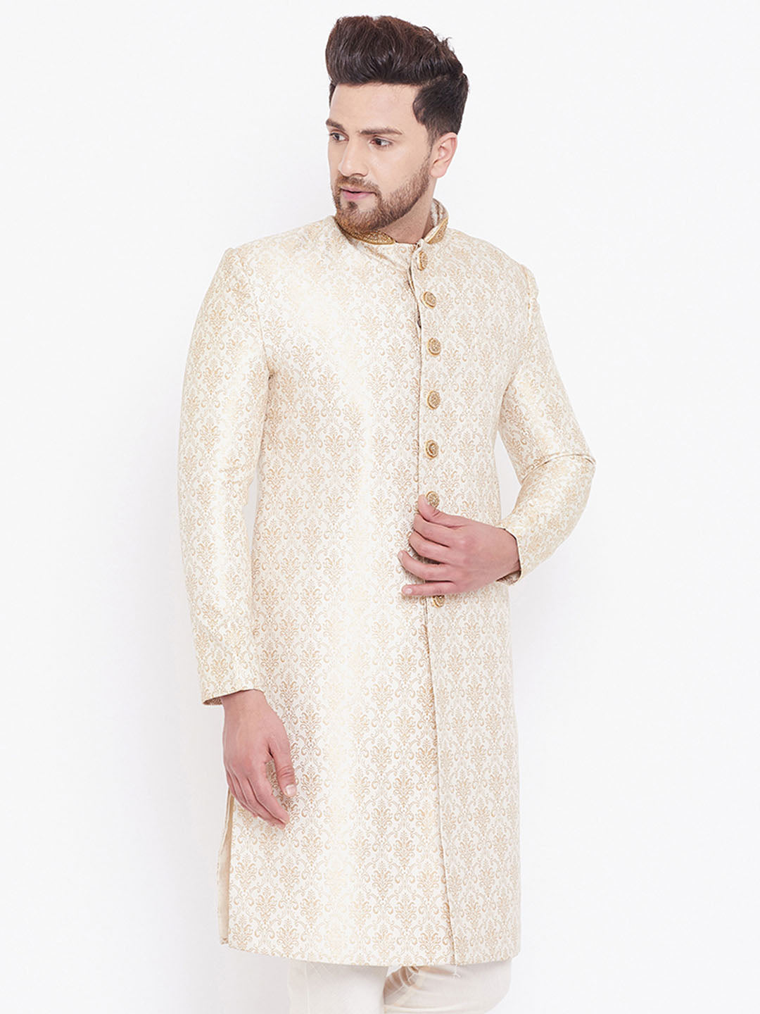 Vastramay Men's Beige And Gold Embroidered Brocade Sherwani Top