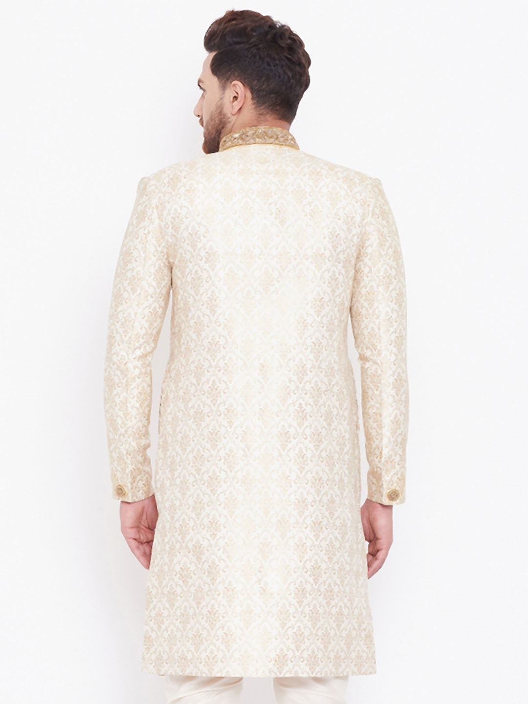 Vastramay Men's Beige And Gold Embroidered Brocade Sherwani Top