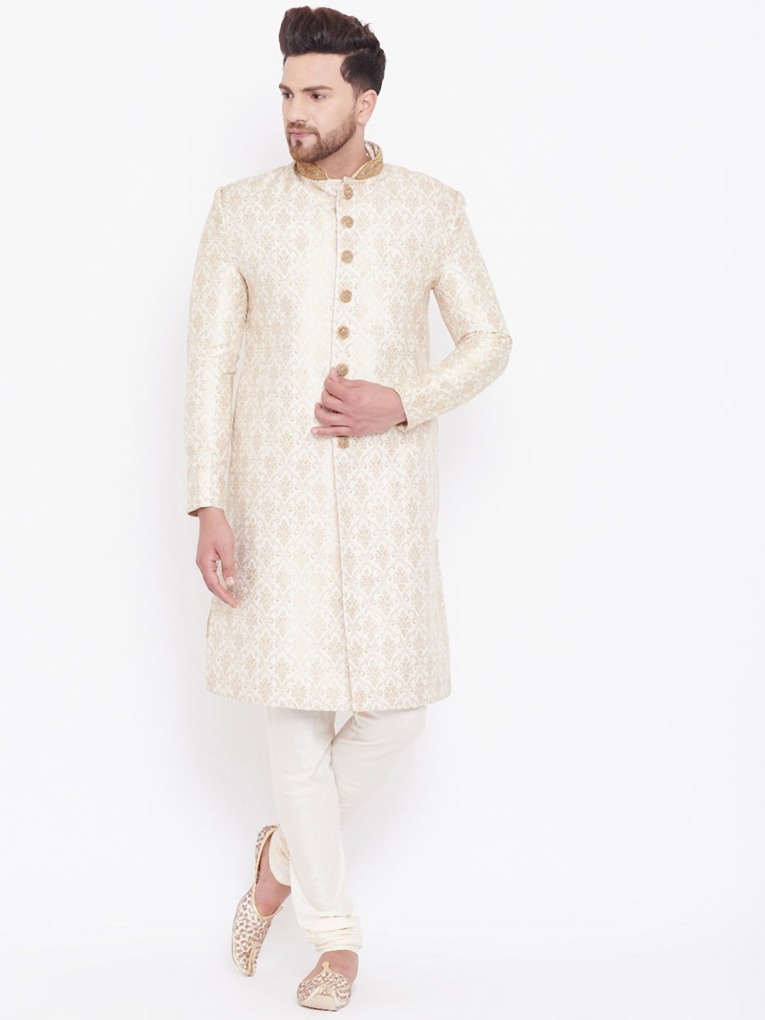 Vastramay Men's Beige And Gold Embroidered Brocade Sherwani Top