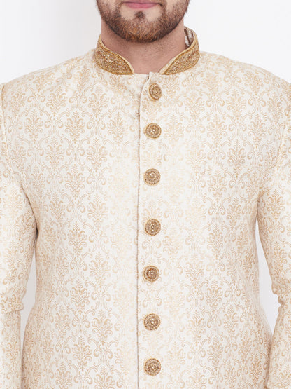 Vastramay Men's Beige And Gold Embroidered Brocade Sherwani Top