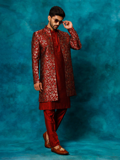 VASTRAMAY Men's Red Jacquard Indo Western With Maroon Viscose Kurta Pant Set