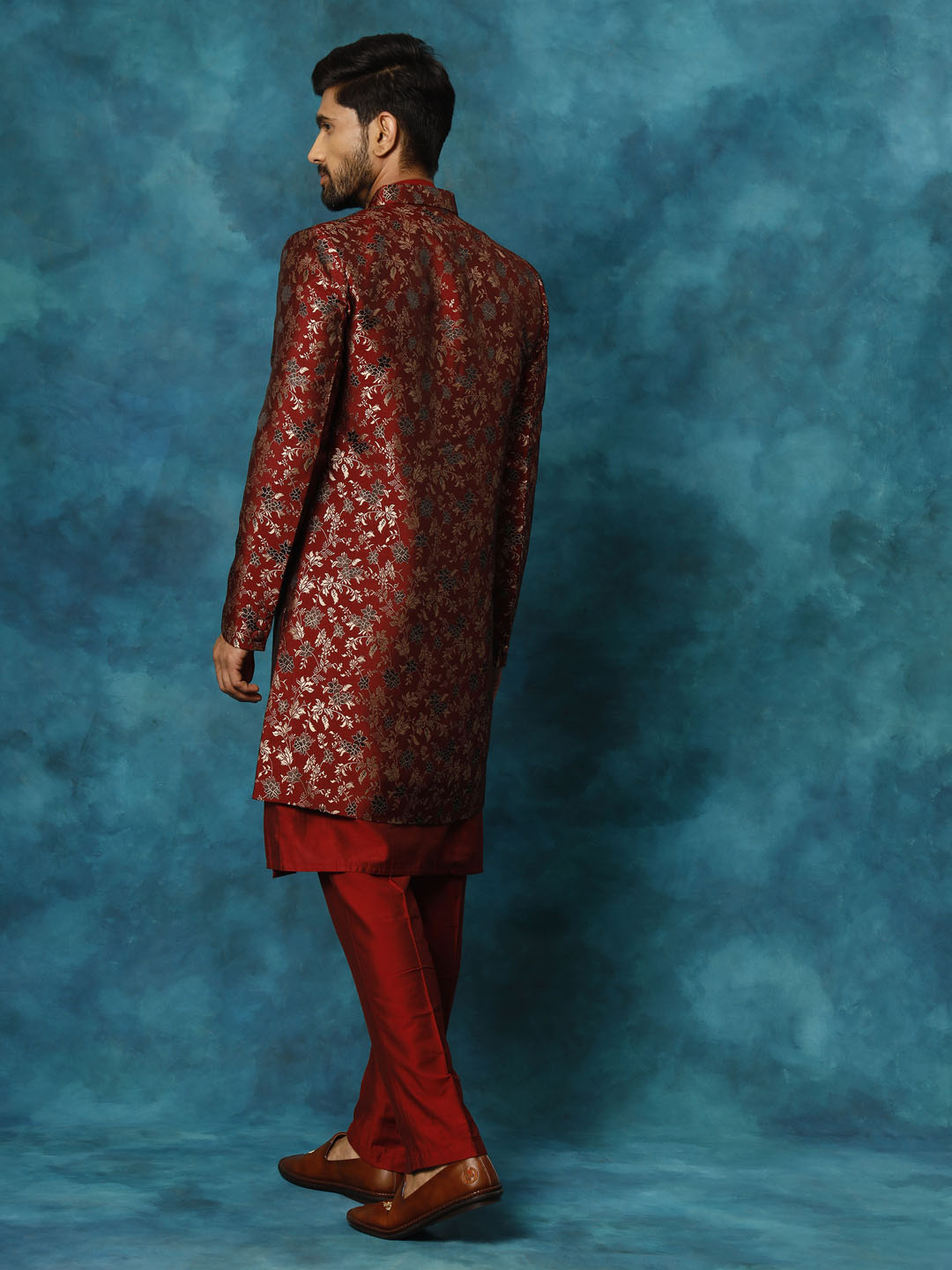 VASTRAMAY Men's Red Jacquard Indo Western With Maroon Viscose Kurta Pant Set