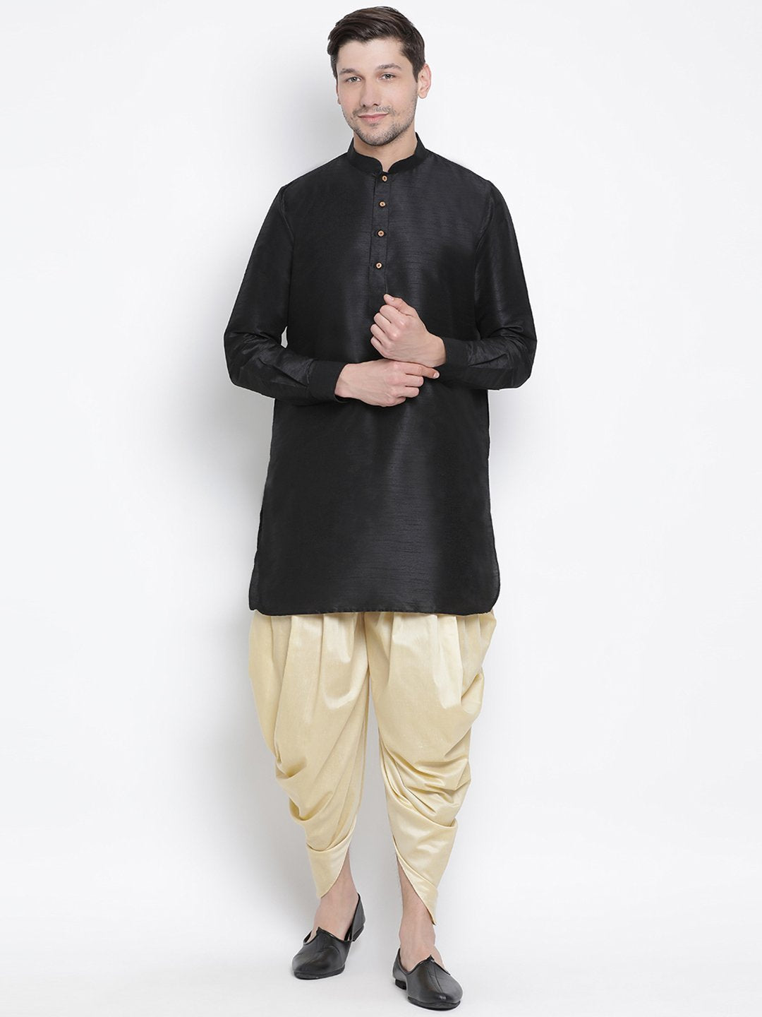 Vastramay Vastramay Men's Black Silk Blend Curved Kurta Dhoti Set