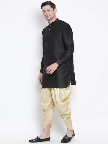 Vastramay Men's Black Silk Blend Curved Kurta Dhoti Set