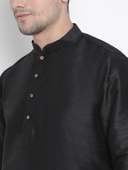 Vastramay Men's Black Silk Blend Curved Kurta Dhoti Set