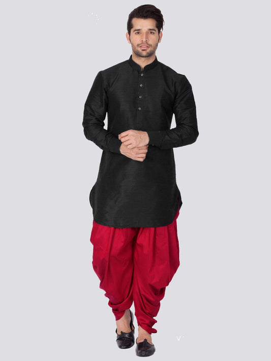 Vastramay Vastramay Men's Black Silk Blend Curved Kurta Dhoti Set