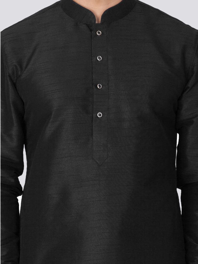 Vastramay Men's Black Silk Blend Curved Kurta Dhoti Set