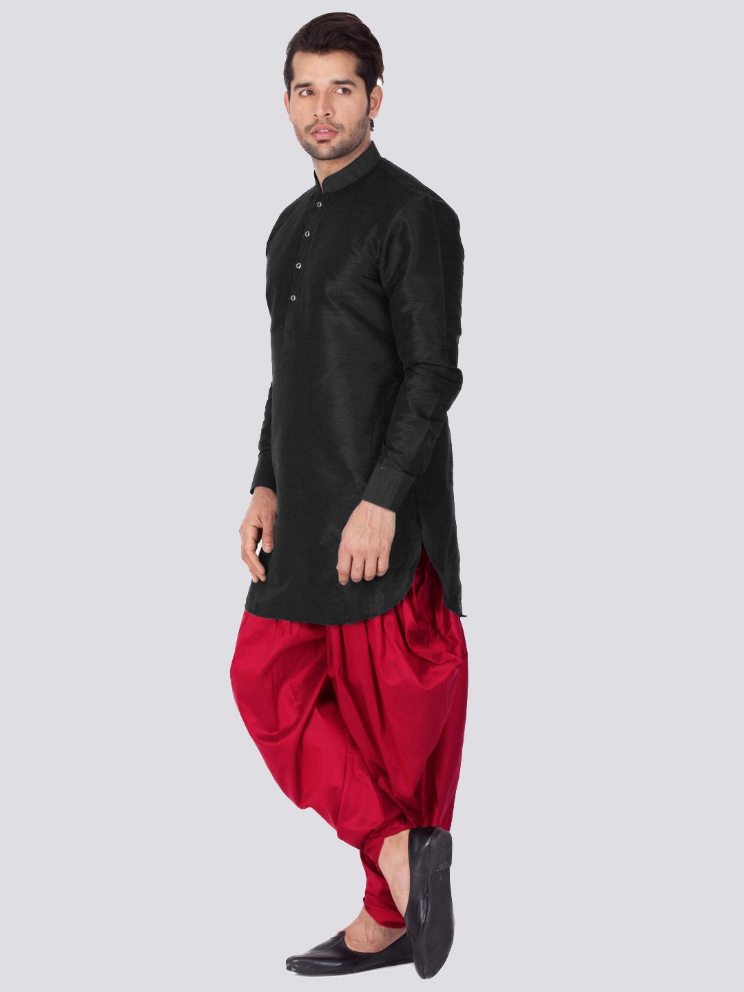 Vastramay Men's Black Silk Blend Curved Kurta Dhoti Set