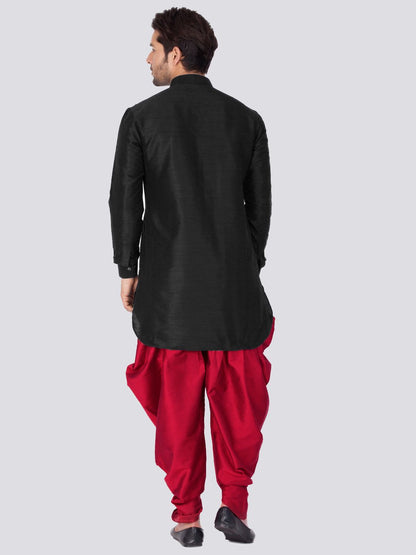 Vastramay Men's Black Silk Blend Curved Kurta Dhoti Set