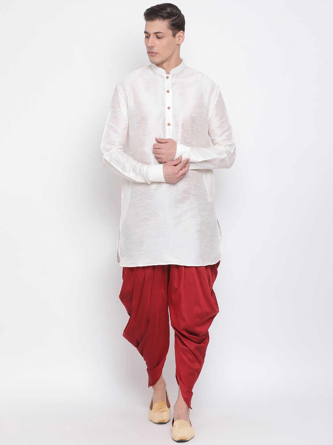 Vastramay Men's Cream Silk Blend Curved Kurta Dhoti Set