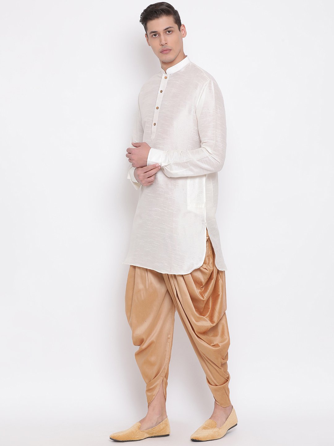 Vastramay Men's Cream Silk Blend Curved Kurta Dhoti Set