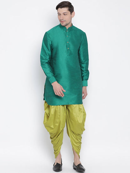 Vastramay Vastramay Men's Green Silk Blend Curved Kurta Dhoti Set