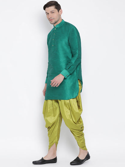 Vastramay Men's Green Silk Blend Curved Kurta Dhoti Set