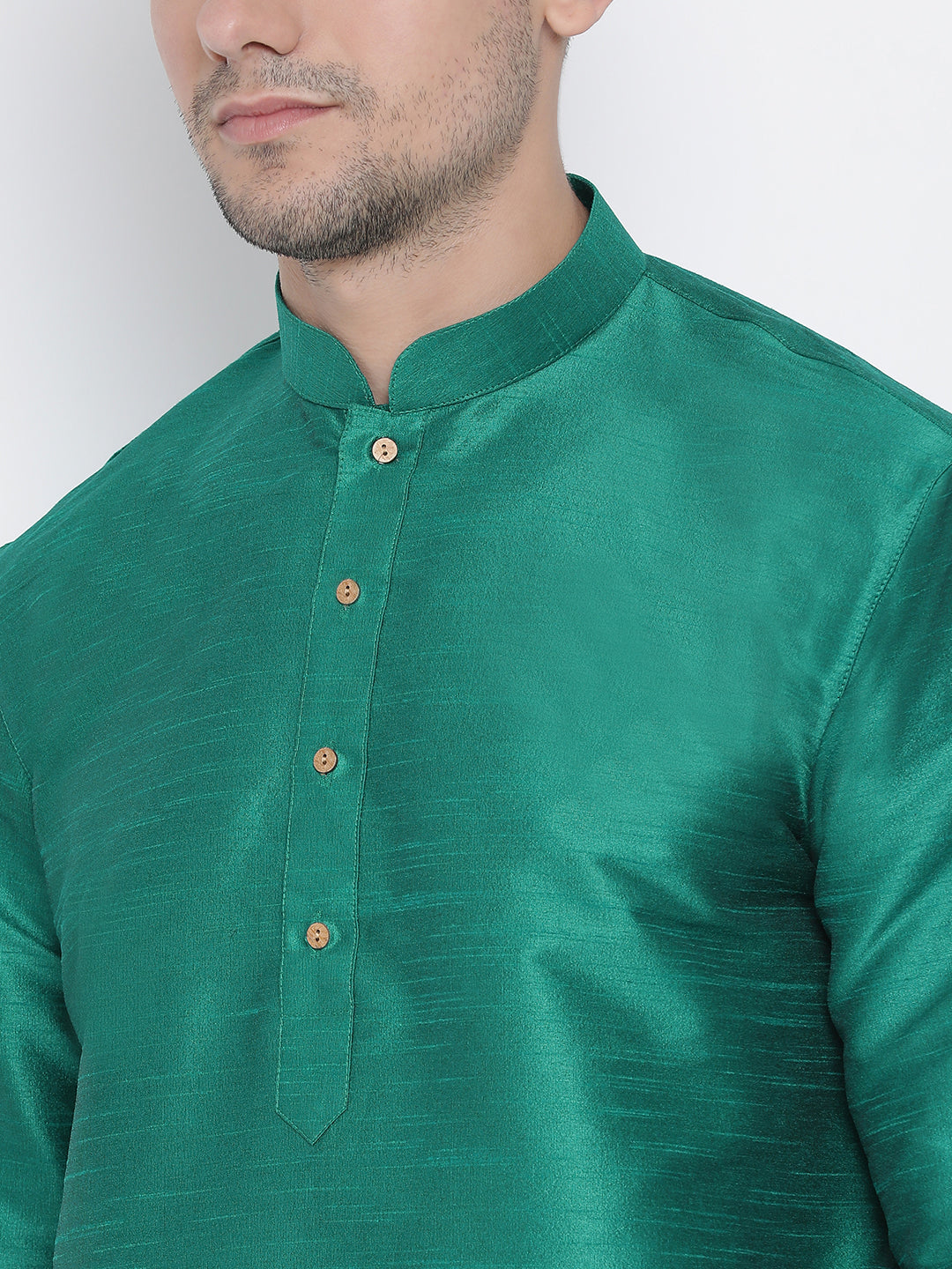 Vastramay Men's Green Silk Blend Curved Kurta Dhoti Set