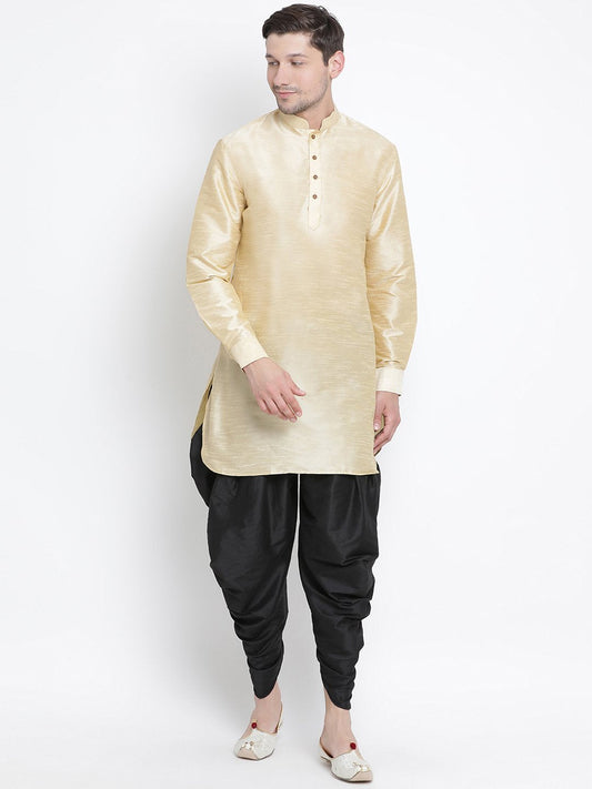 Vastramay Vastramay Men's Gold Silk Blend Curved Kurta Dhoti Set