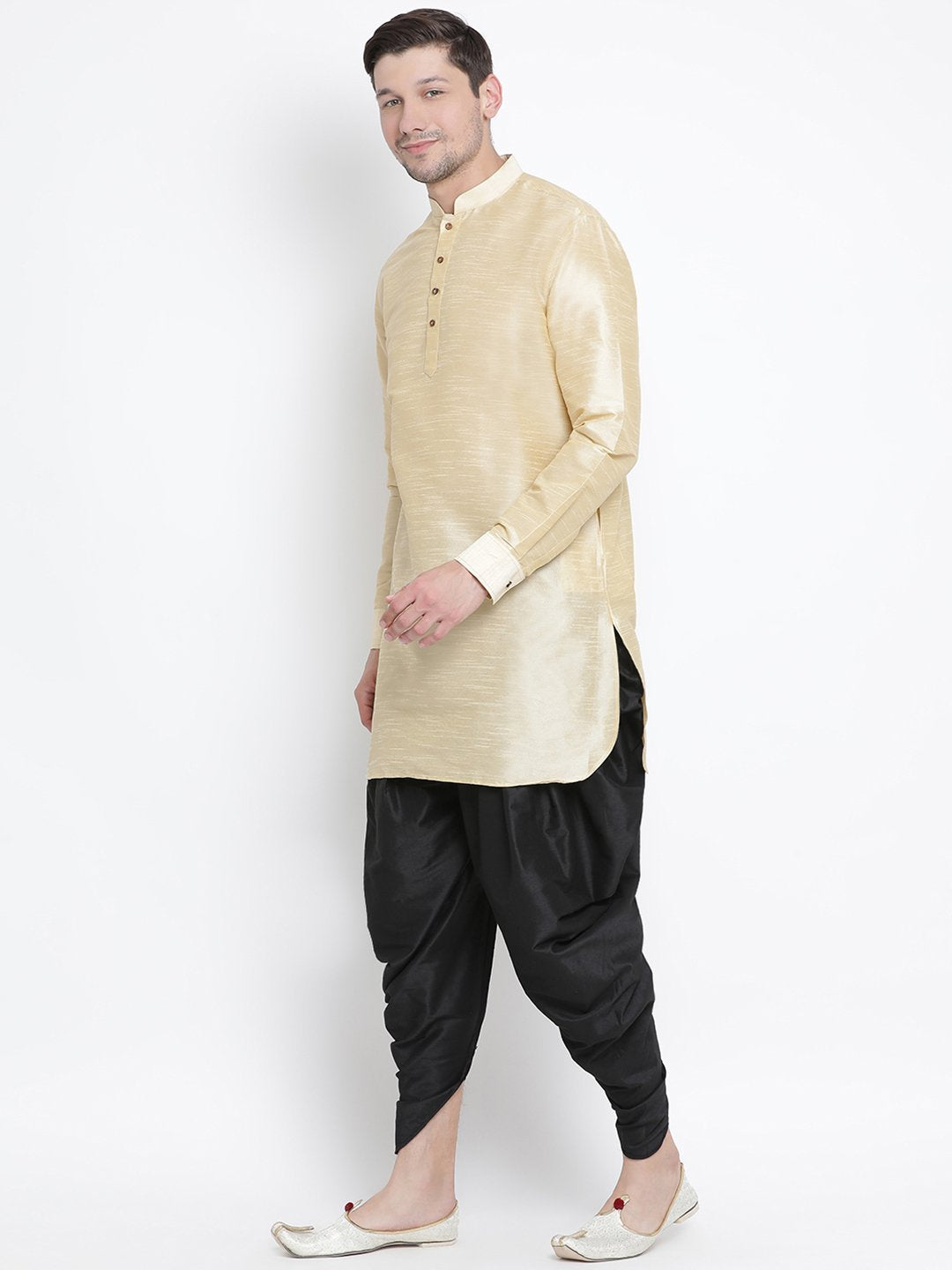 Vastramay Men's Gold Silk Blend Curved Kurta Dhoti Set