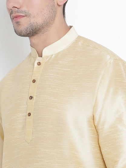 Vastramay Men's Gold Silk Blend Curved Kurta Dhoti Set