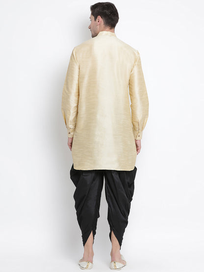 Vastramay Men's Gold Silk Blend Curved Kurta Dhoti Set