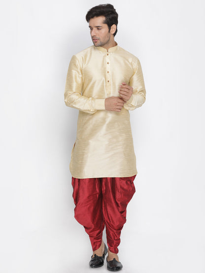 Vastramay Vastramay Men's Gold Silk Blend Curved Kurta Dhoti Set