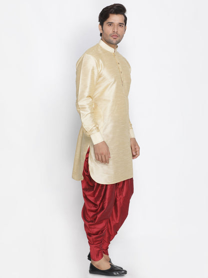 Vastramay Men's Gold Silk Blend Curved Kurta Dhoti Set