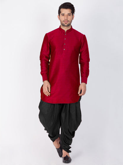 Vastramay Vastramay Men's Maroon Silk Blend Curved Kurta Dhoti Set