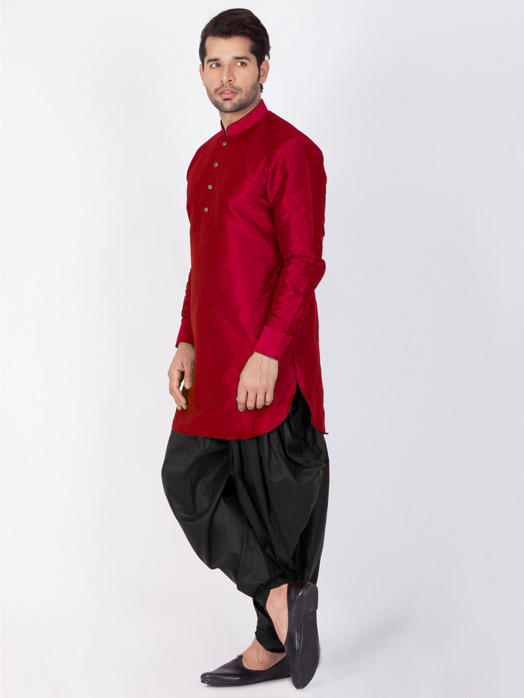 Vastramay Men's Maroon Silk Blend Curved Kurta Dhoti Set